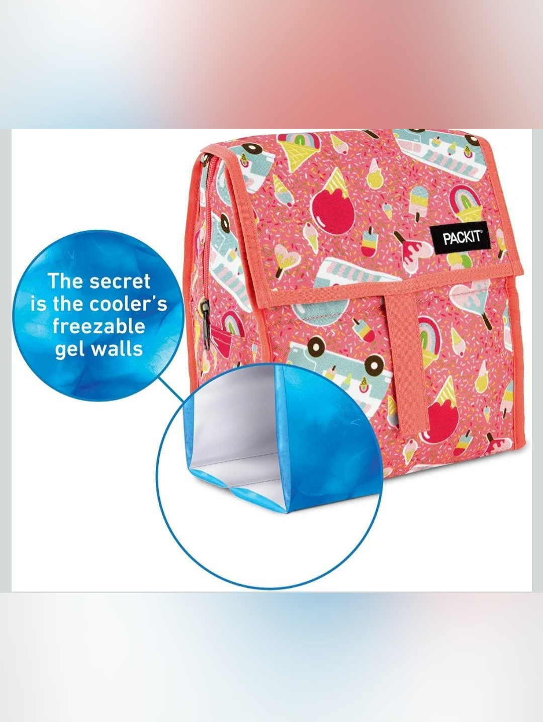 Packit Freezable Pink Foldable Zipper Lunch Bag "Ice Cream Social" Nwt — image 5 of 7
